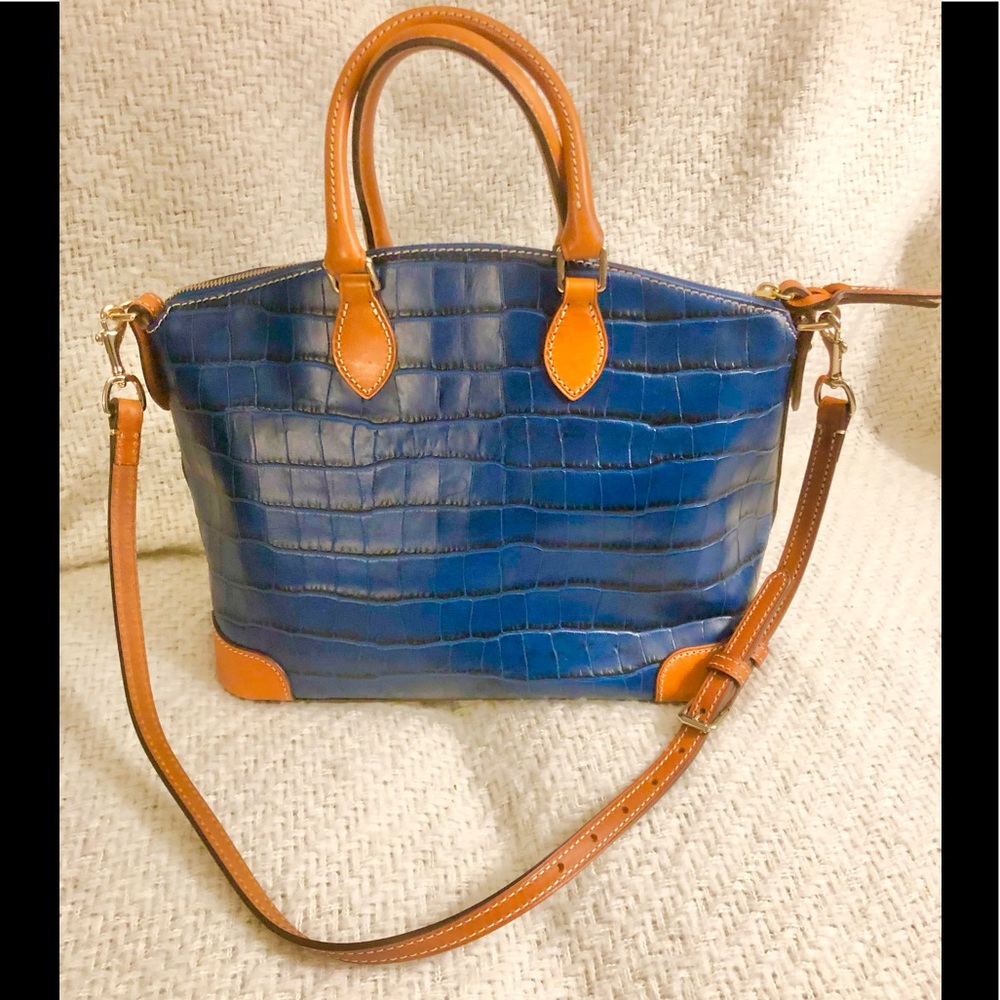 Dooney & Bourke Navy Croc Embossed Satchel with Tan Trim - Picture 5 of 16